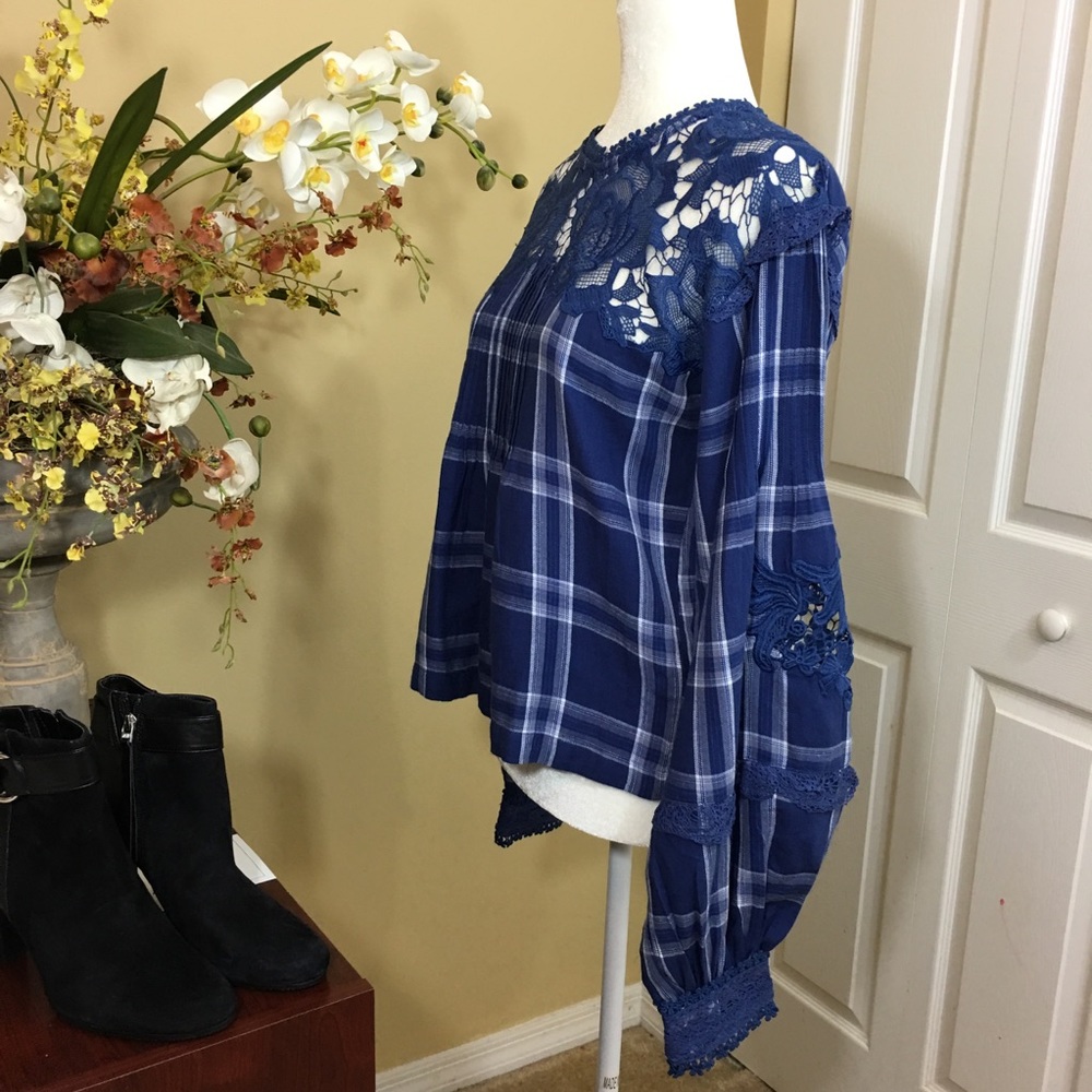 FREE PEOPLE‎ DARLING DIANA BLUE PLAID AND LACE LONG SLEEVE TOP Boho Chic - Picture 3 of 7